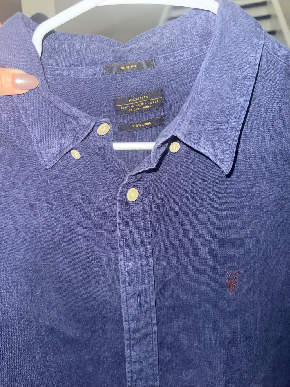 AllSaints 100% Linen Men's Slim Fit Button up long sleeve - Navy Blue